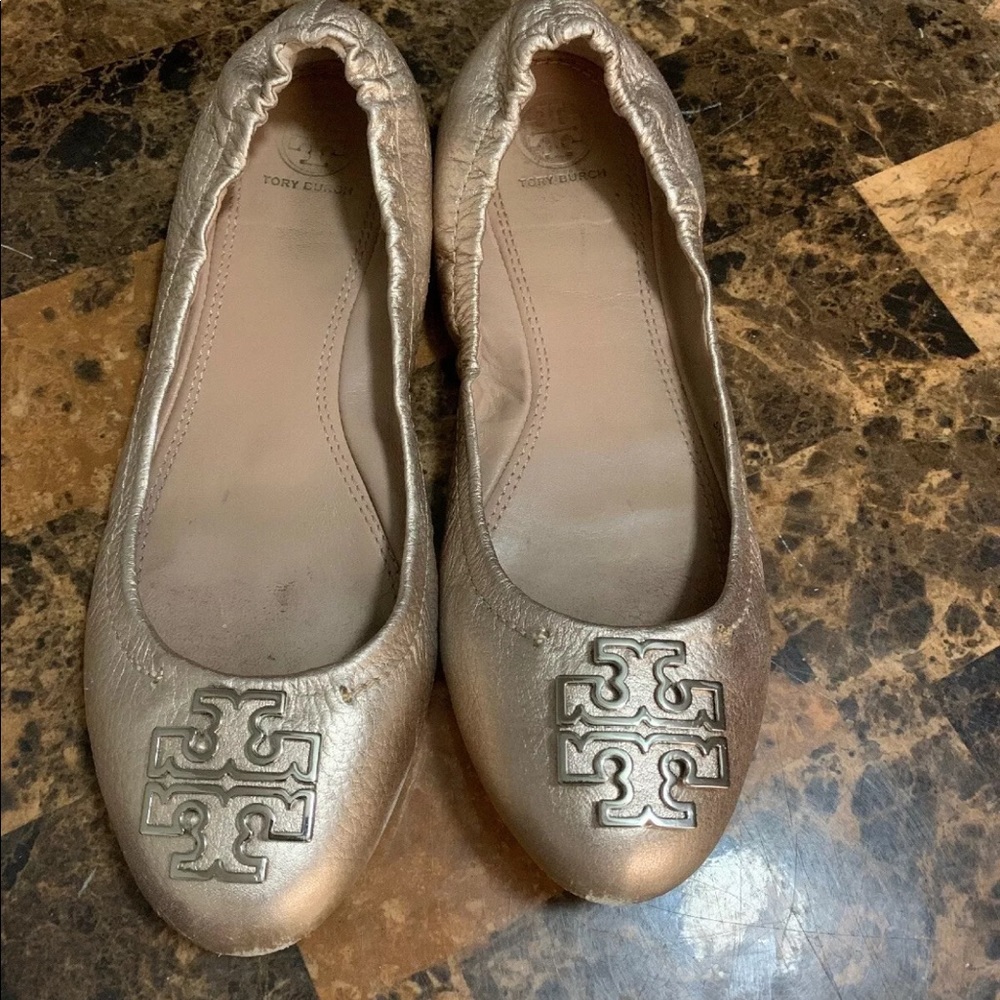 Tory Burch Reva Ballet Flats Gold Metallic Leather